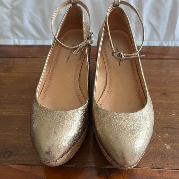 Anthropologie Shoes - Anthropologie Pilcro and the Letterpress Gold Metallic Wedge Heels